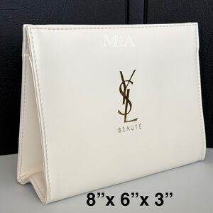 YSL Beauty Pouch / Cosmetic Bag Toiletry Case White & Gold Logo (8”x6”x3”)
